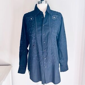 Rag & Bone Vivian Embroidered Button-Down Long Sleeve Cotton Shirt, Navy Sz XS